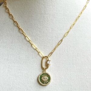 764 paper lip Chain with green evil eye charm